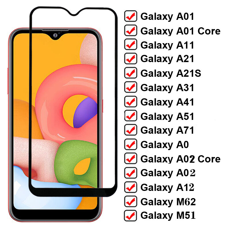 9D Full Cover Tempered Glass for Samsung Galaxy A12 A02 M01 Core A01 M62 M51 Screen Protector A11 A21 A31 A41 A51 A71 Glas Film
