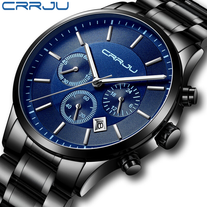 CRRJU 2022 New Men Steel Band Sports Watch Fashion Business Multifunctional Six Needle Timing Watch Waterproof Watch Multi style