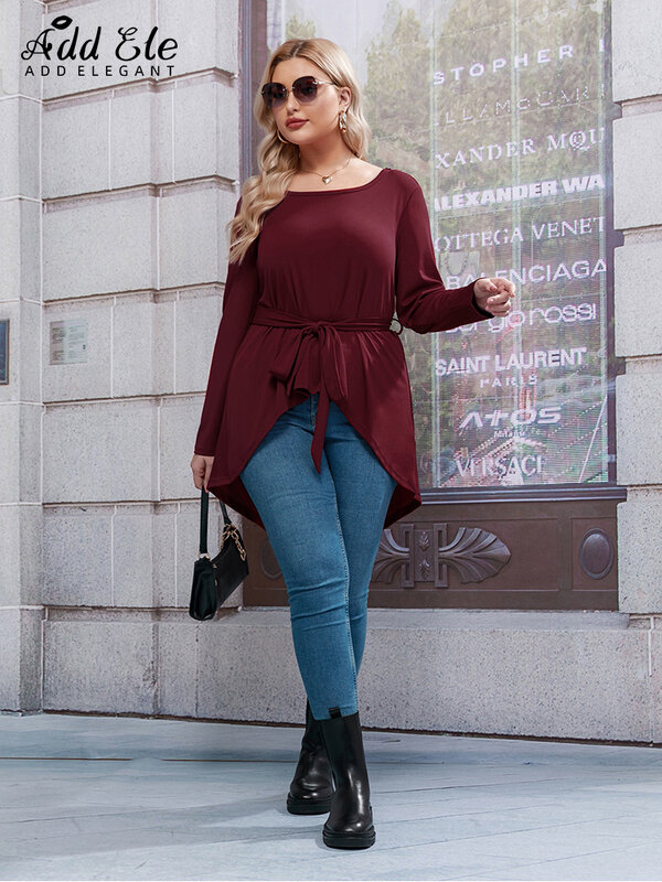 Add Elegant Plus Size Solid Blouses For Women 2022 Autumn Pleated Casual O-Neck Long Sleeve  Bow Belt Design Elastic Tops B808