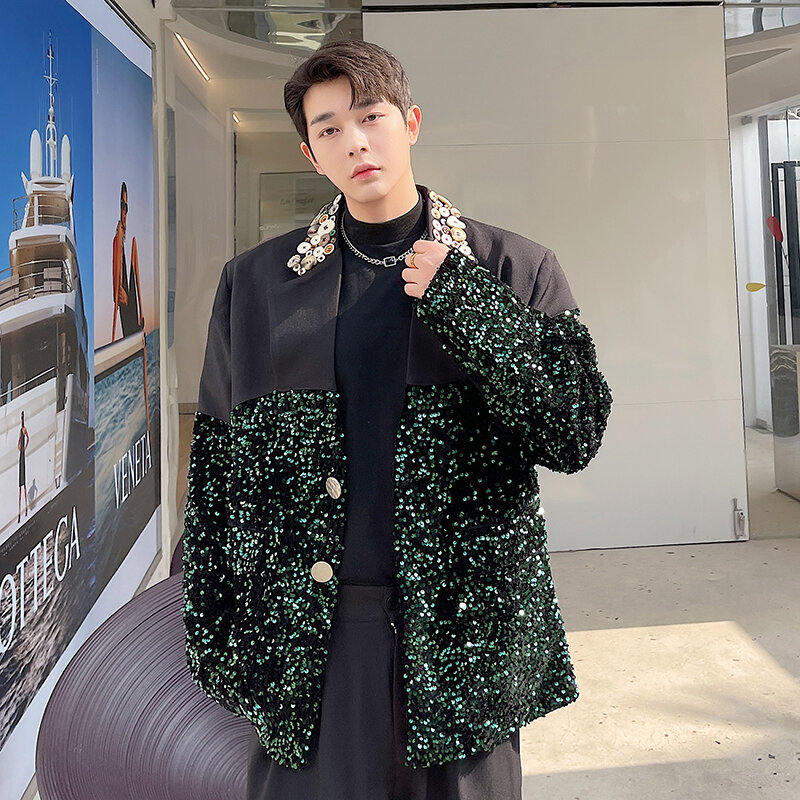 Blazer da uomo con paillettes Patchwork Designer modello di lusso cappotti da passerella giacca da uomo giovanile Streetwear abbigliamento da uomo in stile coreano autunno
