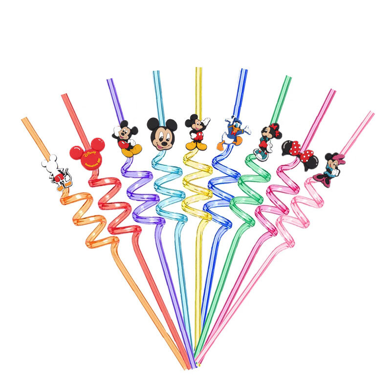 12pcs Reusable Minnie Mouse Straws Mickey Mouse Drinking Straws Fruit Party Supplies for Kids Boys Girls Birthday Decorations