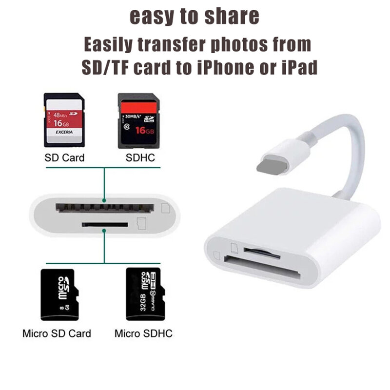 SD TF Memory Card Adapter, Card Reader, Data Converter, iPhone 14 13 12 8Pin, iOS 13 Acima, Camera Card Readers, 2in 1