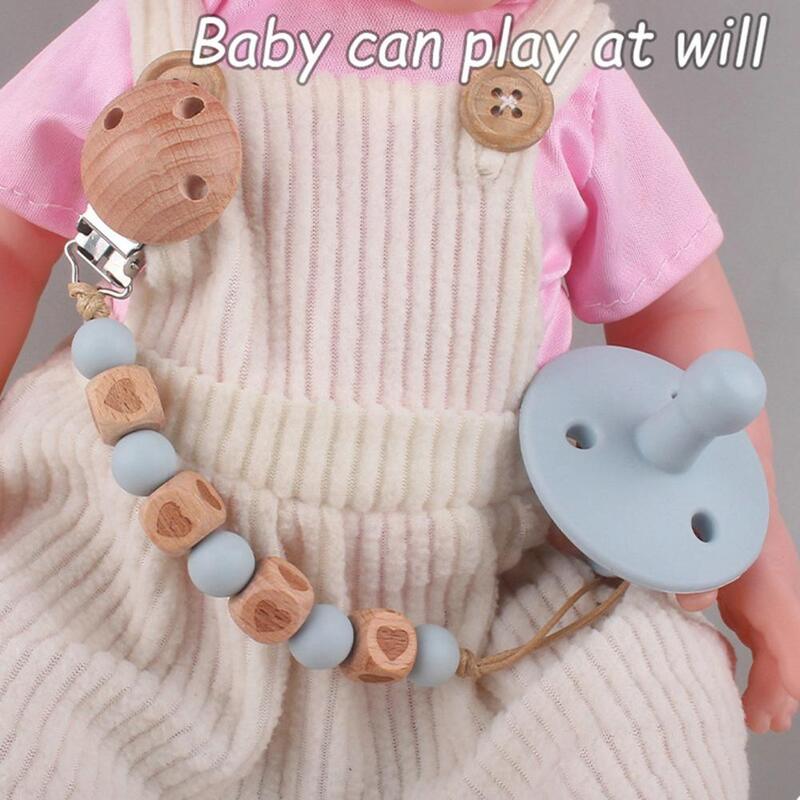 Creative Wooden Bead Infant Pacifier Clip Heart Pattern Eco-friendly Safe Soothe Beech Baby Pacifier Clip Chain Baby Supplies