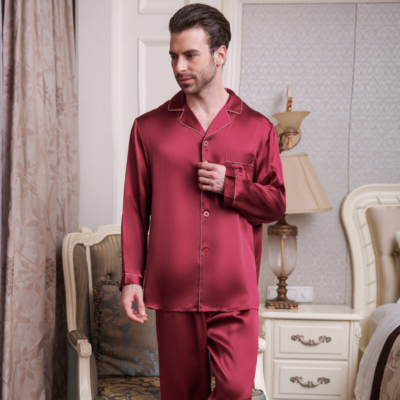 Genuine Silk Pajamas Male Spring Summer Long-Sleeve T-shirt Pants Two-Piece Pyjama Sets 100% Silkworm Silk Men's Sleepwear