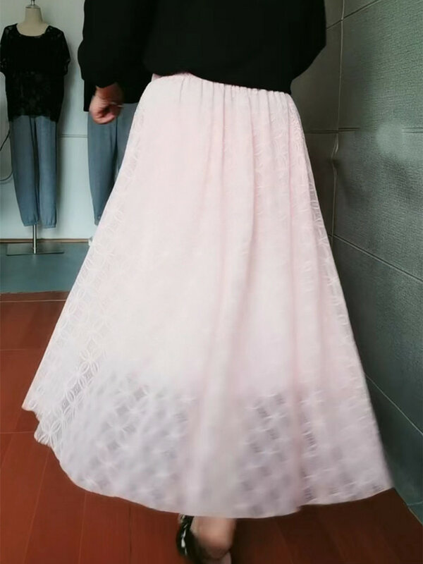 韓国-女の子のための柔らかいハイウエストスカート,花柄,透かし彫り,伸縮性のあるウエスト,ハーフレース,ピンクのハーフスカート