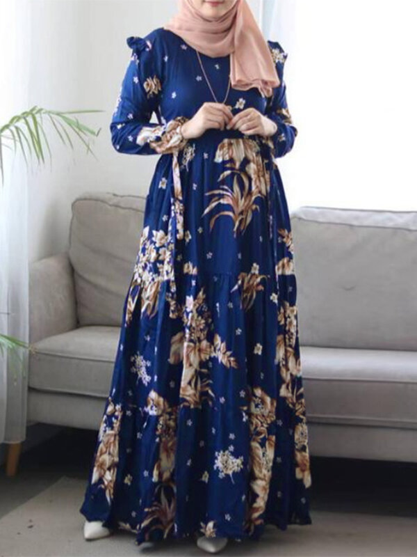 Zanzea Casual Ruches Maxi Zonnejurk Vintage Bloemen Gedrukt Dubai Kalkoen Abaya Hijab Jurk Vrouwen Moslim Jurk Islamitische Kleding