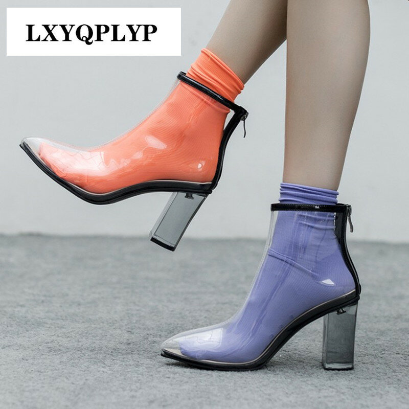 Full Transparent Short Boots Pointed Toe TPU Thick High-heeled Martin Boots Fashion Women's Spring and Summer Four Seasons Shoes