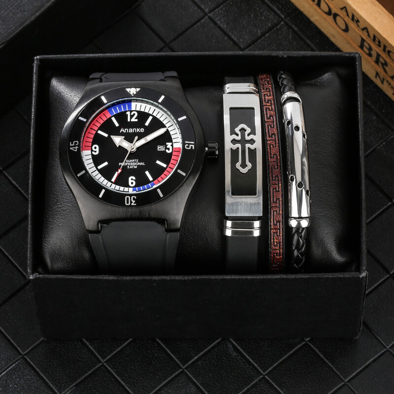 Moda esportes relógio masculino pulseira de silicone à prova dwaterproof água calendário relógio de pulso de quartzo luxo conjunto presente para masculino reloj hombre