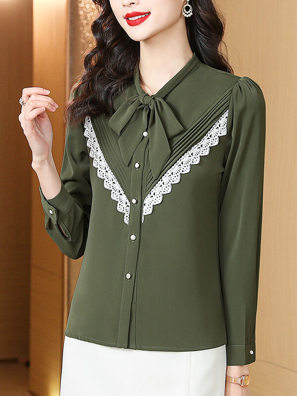 Office Ladies Ruffle Women Shirt Chiffon Lace Up Pearl Buttons Red Blouses Long Sleeve Female Vintage Tops Spring Summer 2022