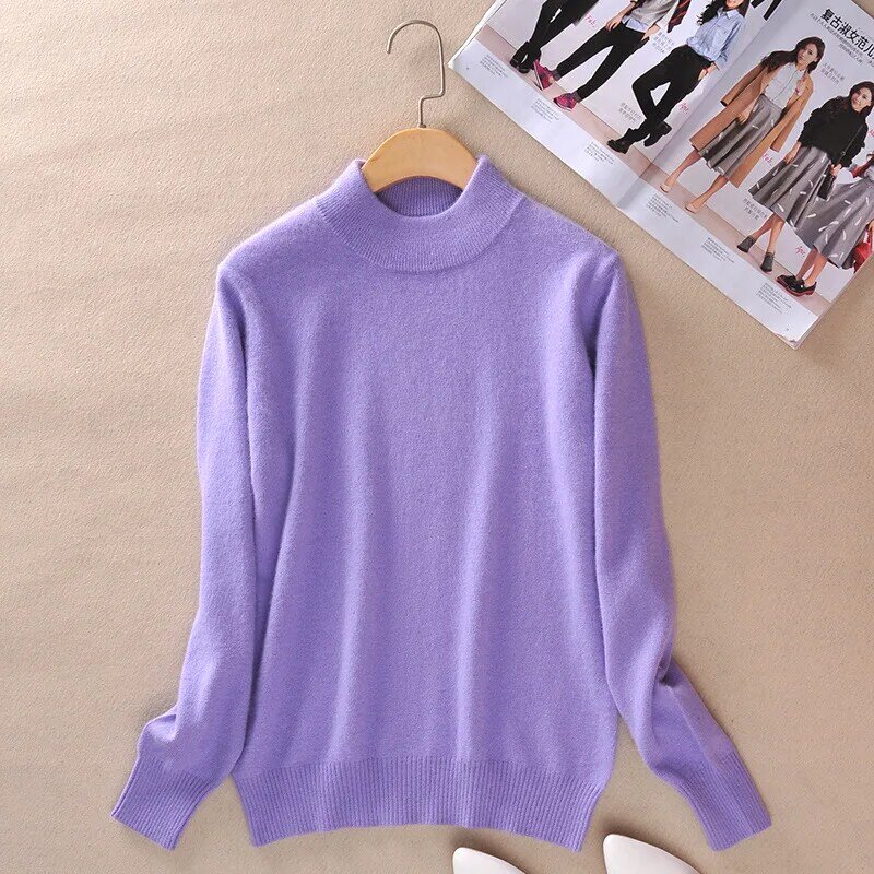 Wool Half Turtleneck Women Knitted Sweater 2023 Autumn Winter Seamless Weave Basics Half High Collar Pullover