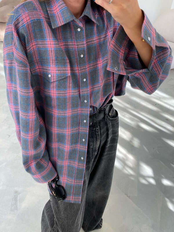 Damska koszula w stylu Vintage luźna w kratę modna, z klapami koszule damskie biurowe z długim rękawem i bluzki odzież damska 2023