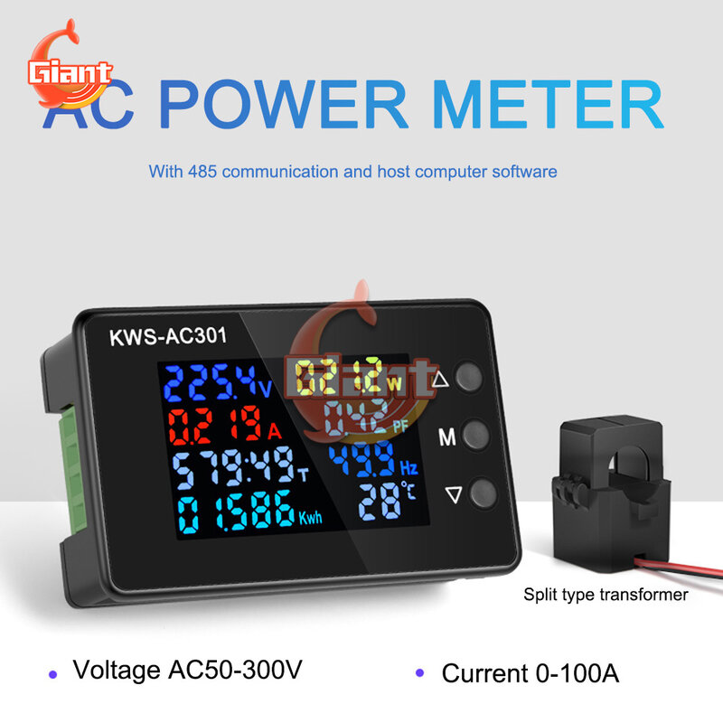 Medidor 0-100a KWS-AC301 da c.a. do diodo emissor de luz do medidor 0-20/100a do voltímetro de AC50-300V digitas do medidor de energia da tensão ca AC50-300V