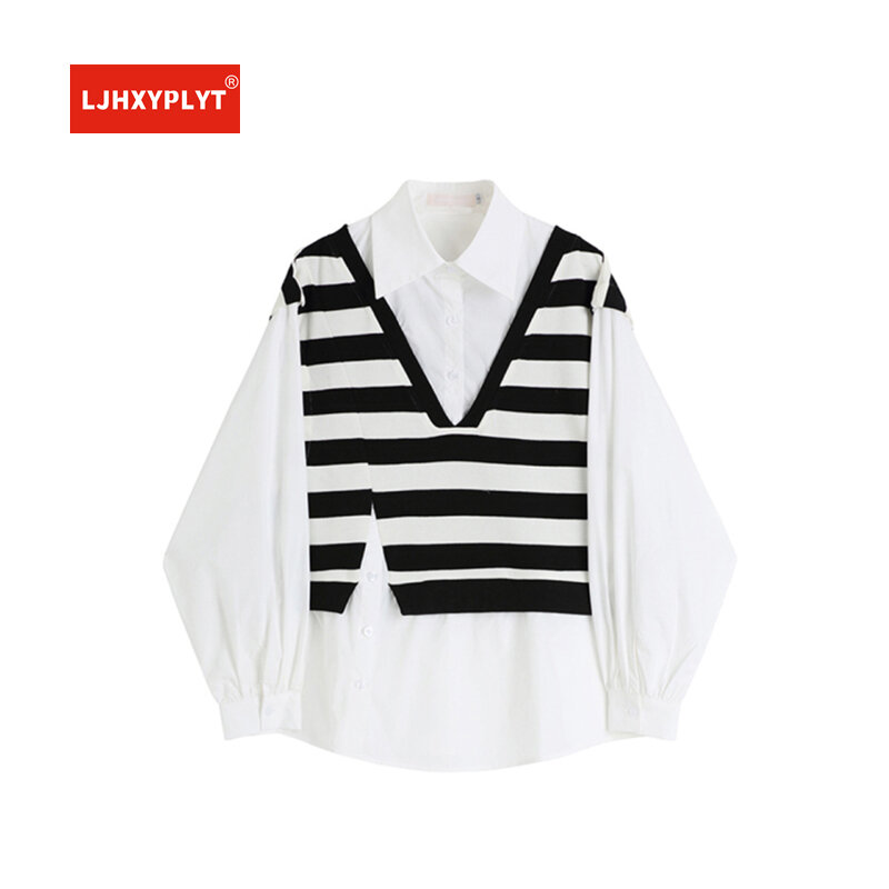 Knitted Striped Vest Stitching White Shirts Women's Spring New Hong Kong Style Retro Design Loose Fake Two Long-sleeved Blouse