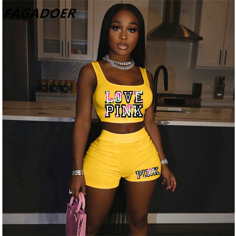 FAGADOER Fashion Vest Two Pice Sets Women Sleeveless Crop Top And Shorts Tracksuits Summer PINK Letter Print Sport 2pcs Ouotfits