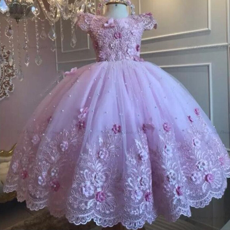 Милое Платье на день рождения для маленьких девочек, кружевное платье-пачка с жемчугом для младенцев, платье принцессы с цветами для девочек, длинное женское платье