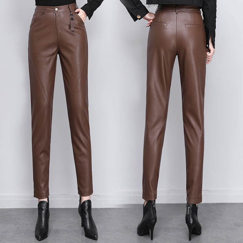 Pantalones de cuero sintético fino para mujer, ropa de calle informal con nueve puntos, estilo gótico, otoño e invierno, 2023