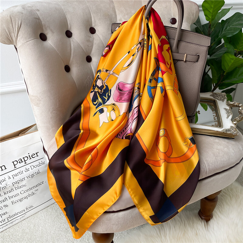 Foulard carré en Satin de soie pour femme, Bandana, bandeau musulman, mode dames, cravate, châles, 90cm