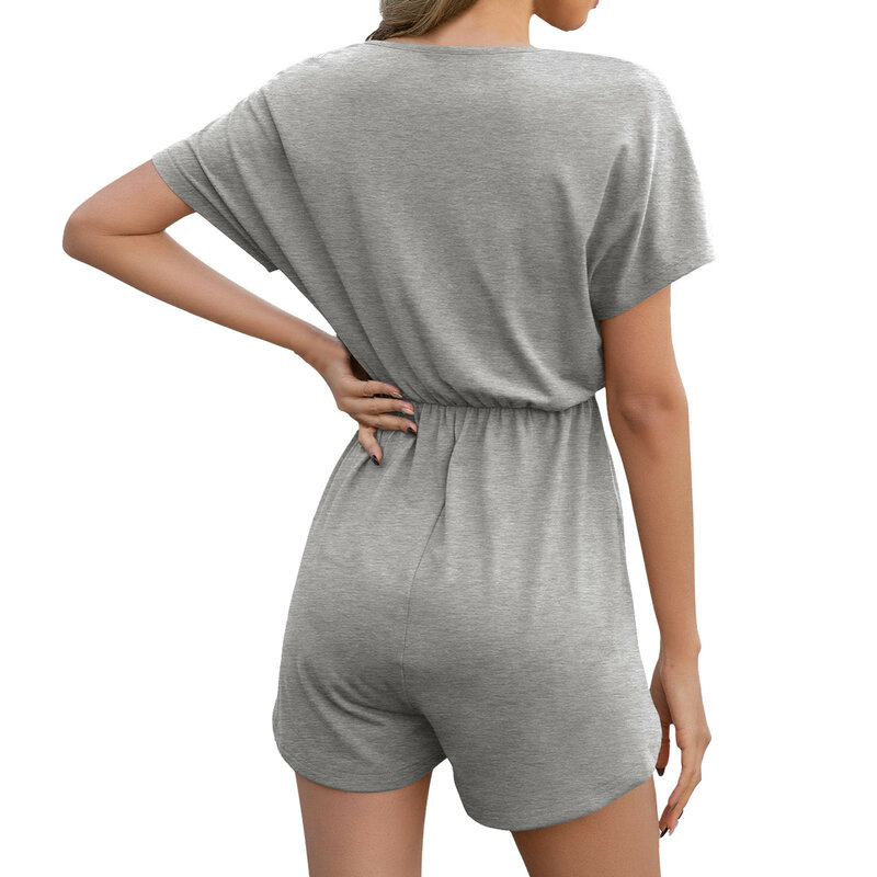 ผู้หญิงเซ็กซี่สีทึบ Jumpsuit V คอแขนสั้น Jumpsuits Comfy สั้น Romper ฤดูร้อนกระโปรงกางเกงผู้หญิง Jumpsuit ความยาว