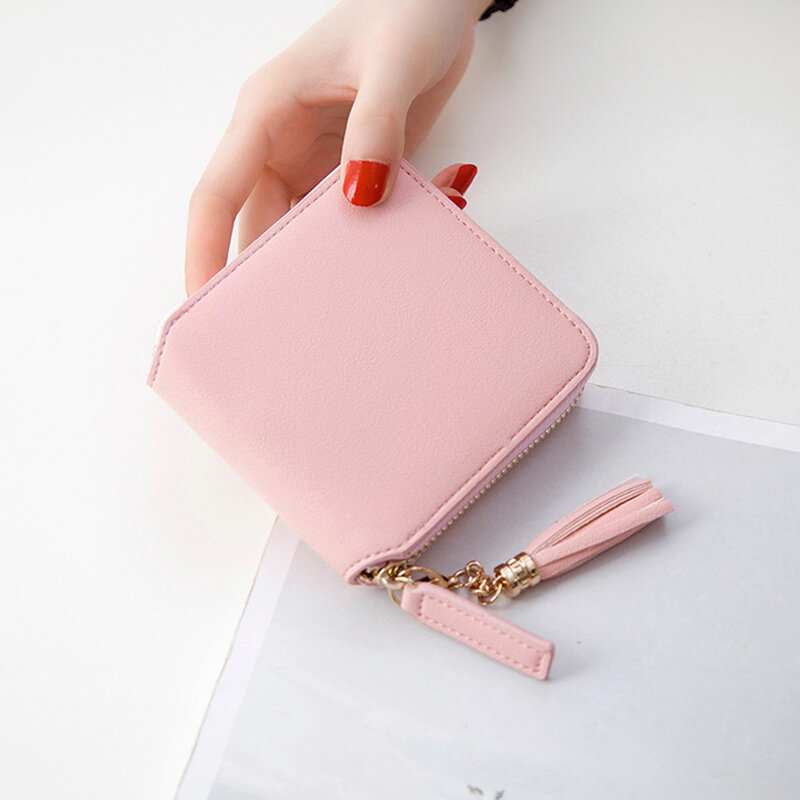 Fashion PU Leather Solid Soft Short Smooth Daily Square With Tassel Drop Zipper Closure Women Wallet