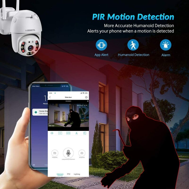 Caméra de Surveillance extérieure PTZ IP Wifi DEATTI ou TMEZON, dispositif de sécurité 1080P, avec Audio bidirectionnel et détection de mouvement PIR, prend en charge une carte SD 128 go