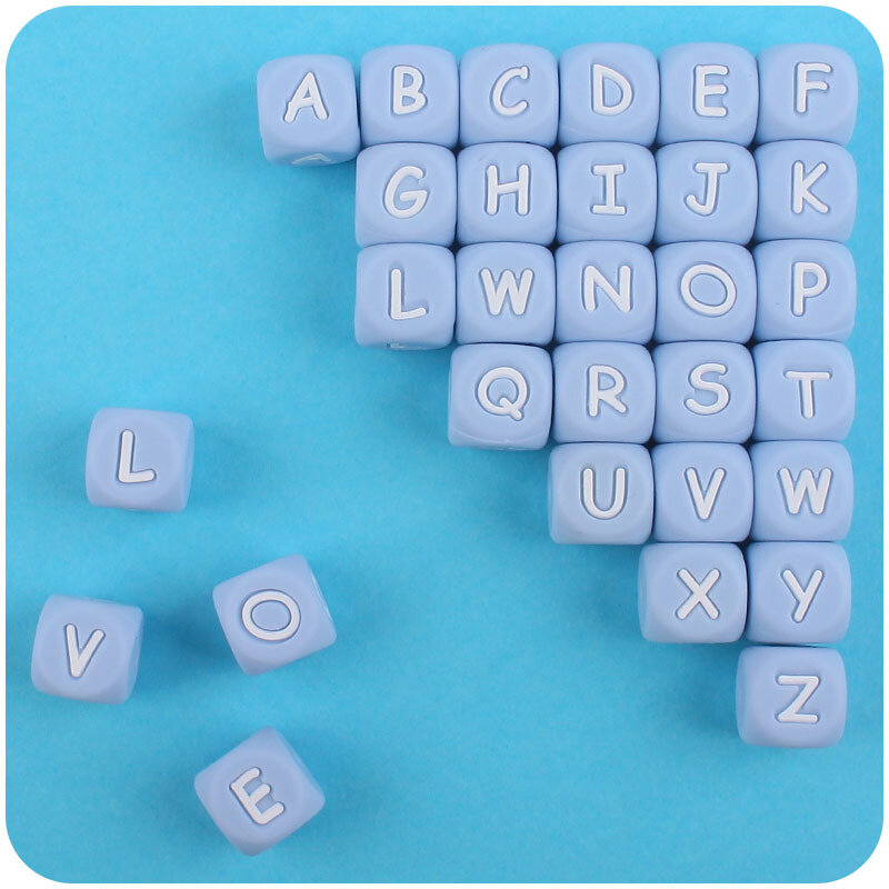 Cuentas de silicona de 12MM para chupete de bebé, 10 piezas, letras azules del alfabeto inglés, cadena personalizada con nombre, juguete mordedor para chupete
