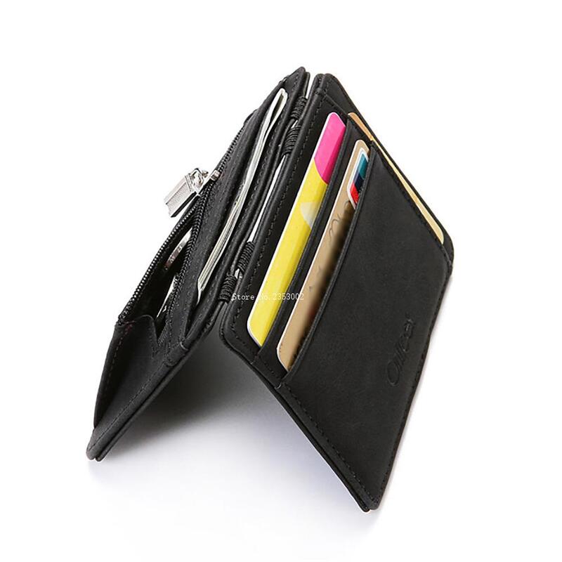 Cartera de cuero sintético para hombre, Mini billetera mágica pequeña con cremallera, monedero de plástico, tarjetero de crédito