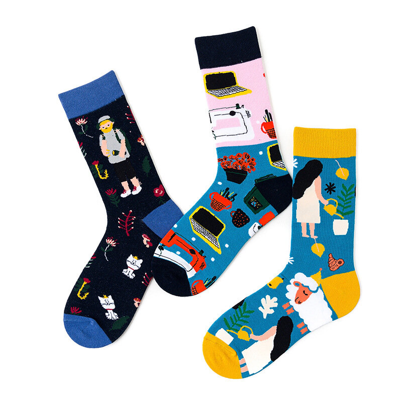 Heiße Verkäufe Lustige Socken Frauen Casual Cartoon Schöne Mädchen Porträt Rot Grün Glücklich Japanischen Harajuku Floral Skateboard Socken 2 paar