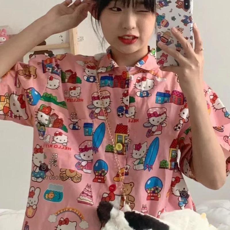 Olá kitty verão nova moda kawaii dos desenhos animados blusa feminina casual lazer botão até camisa bonito y2k menina streetwear harajuku topos