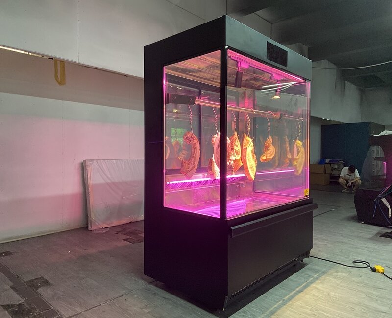 Refrigerador de exhibición de carne comercial, refrigerador de gabinete de carne colgante de supermercado para pescado de ternera deli