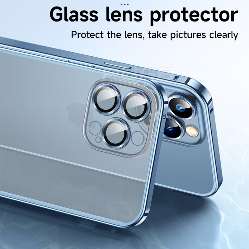 Luxo de alumínio metal caso pára-choques para iphone 14 plus 13 12 11 pro max protetor lente vidro à prova choque fosco transparente capa