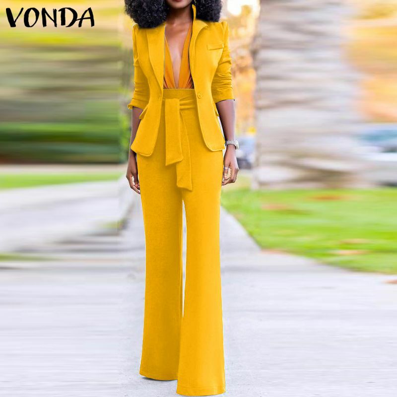 VONDA-Conjunto de Blazer de oficina para mujer, con cuello vuelto traje Sexy, pantalones de cintura alta con cinturón, pantalones Palazzo a juego, 2022