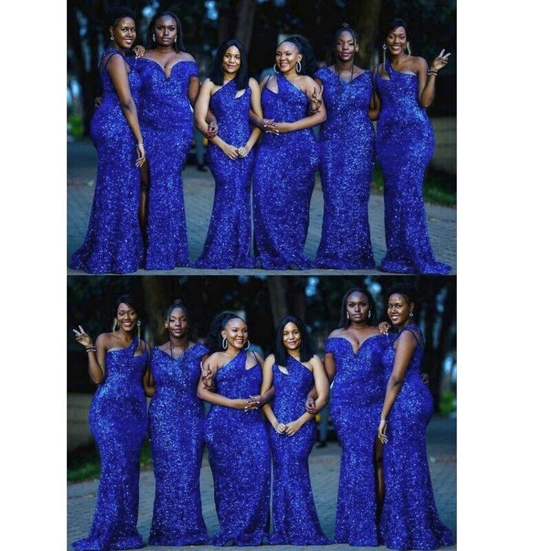 New In 2023 Royal Blue Sequins Bridesmaid Dresses Mermaid Multi Style Plus Size Women Formal Evening Party Gowns Reception