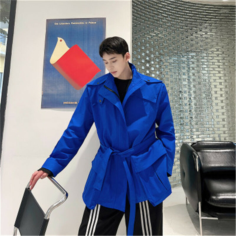 الشباب رجل سترة واقية سترة أنيقة حزام مصمم المتضخم معطف فوقي Vintage أبلى الملكي الأزرق الكورية الشارع الشهير الرجال Clohing الخريف
