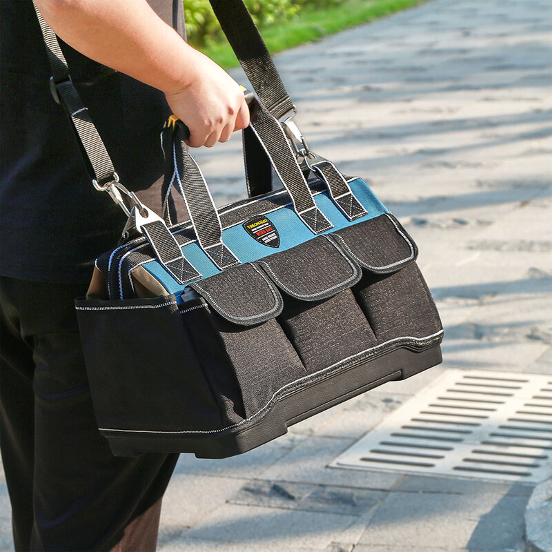 Tas alat multifungsi ukuran 14 "16" 19 "20", tas peralatan khusus ahli listrik mulut lebar bagian atas tas kain Oxford tahan air