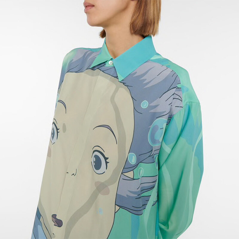 Camisa holgada de manga larga con estampado de anime japonés para mujer, camisa informal con solapa de satén con gran nombre, a la moda, 2022
