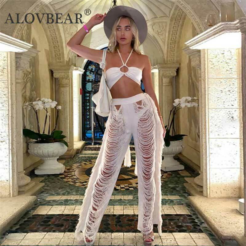 ALOVBEAR Fashion Y2K Knitted Pants for Women Hipster Solid Tassel  High Waist Bottoms Streetwear  2022 Trend  Hollow Ripped Pant