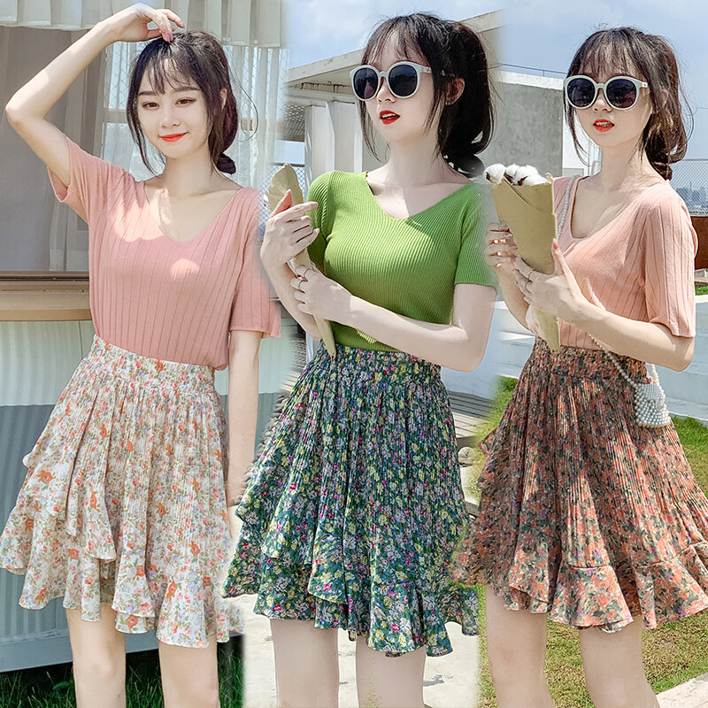 Wisher&Tong 2022 Summer Chiffon Mini Skirts Elastic Hight Wais Beach Floral Skirt Vintage Casual Women's Pleated Skirt