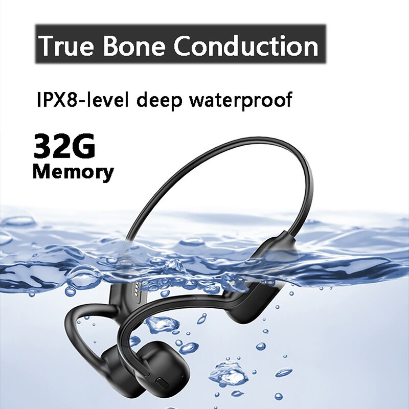 Fones de ouvido à prova d'água IPX8, fones de ouvido Bluetooth sem fio condução óssea real, fones de ouvido esportivos com microfone, 32G, 2023