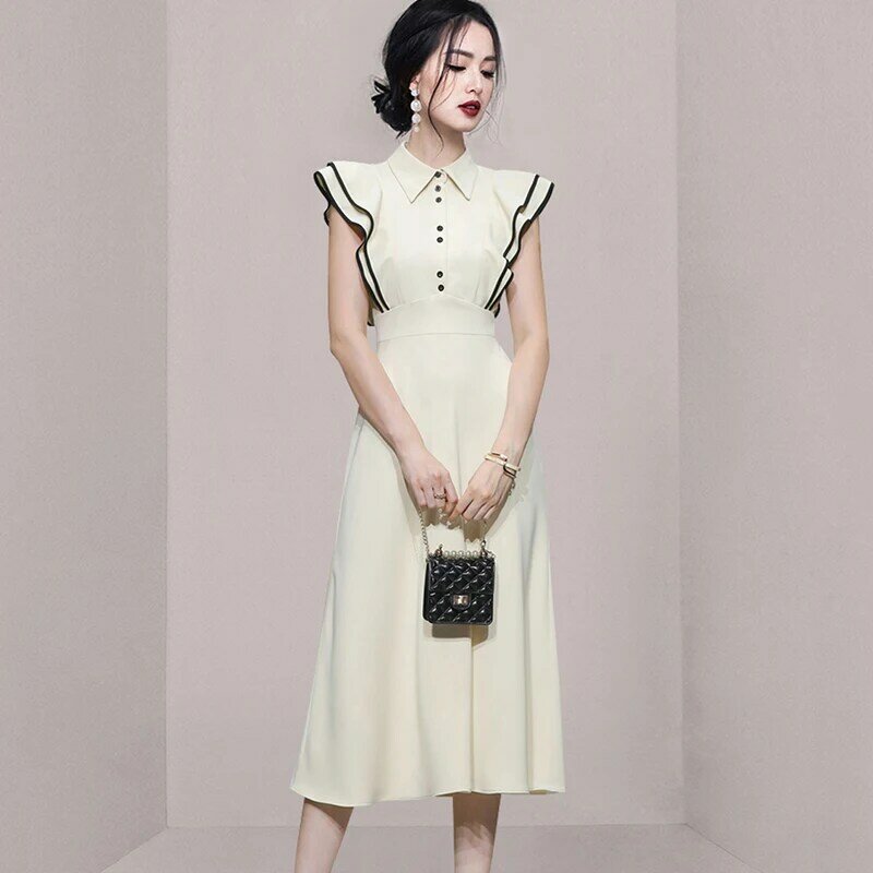 Temperament Elegant Patchwork Shirt Midi Dress 2022 Fashion Women Office Female lapel Butterfly Sleeve High Waist A-Line Dress