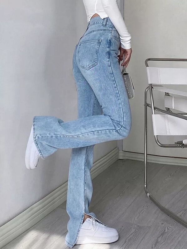 بنطلون جينز نسائي بخصر عالٍ من قماش الدنيم قطني مطاطي مغسول عتيق Y2K فتحة جانبية ضيقة بنطلون أزرق ملابس شارع