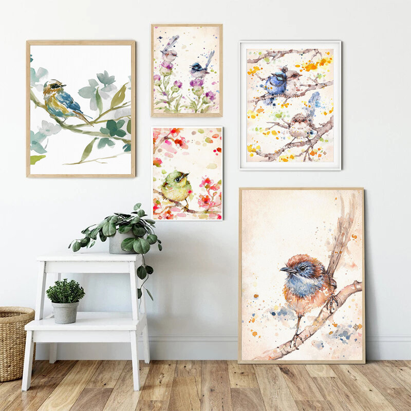 Pinturas de pared en acuarela, cuadro de pájaro en lienzo, colibrí, gorrión, cuadro de Arte de pared para sala de estar