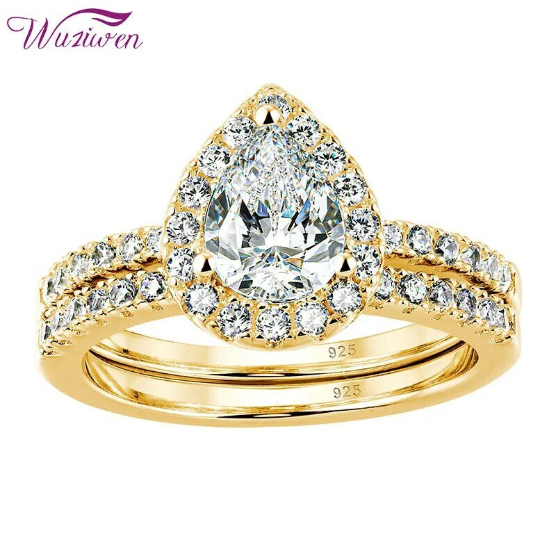 Wuziwen amarelo rosa branco ouro anel de noivado conjunto nupcial para mulher 925 prata esterlina lágrima forma gota aaaaa cz casamento jóias
