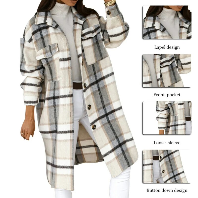 Женская длинная клетчатая куртка, Повседневная теплая куртка большого размера с отложным воротником, весна-осень-зима 2022