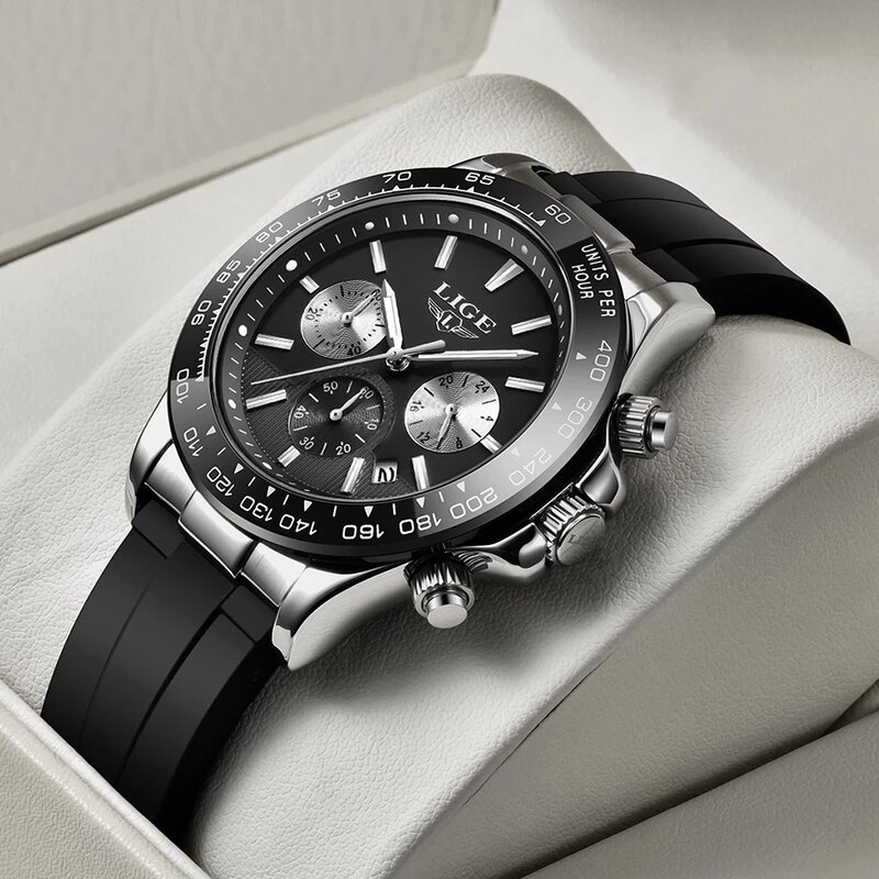 LIGE-럭셔리 브랜드 남성 캐주얼 쿼츠 크로노그래프 시계, 큰 다이얼 손목 시계 실리콘 밴드 스포츠 방수 시계