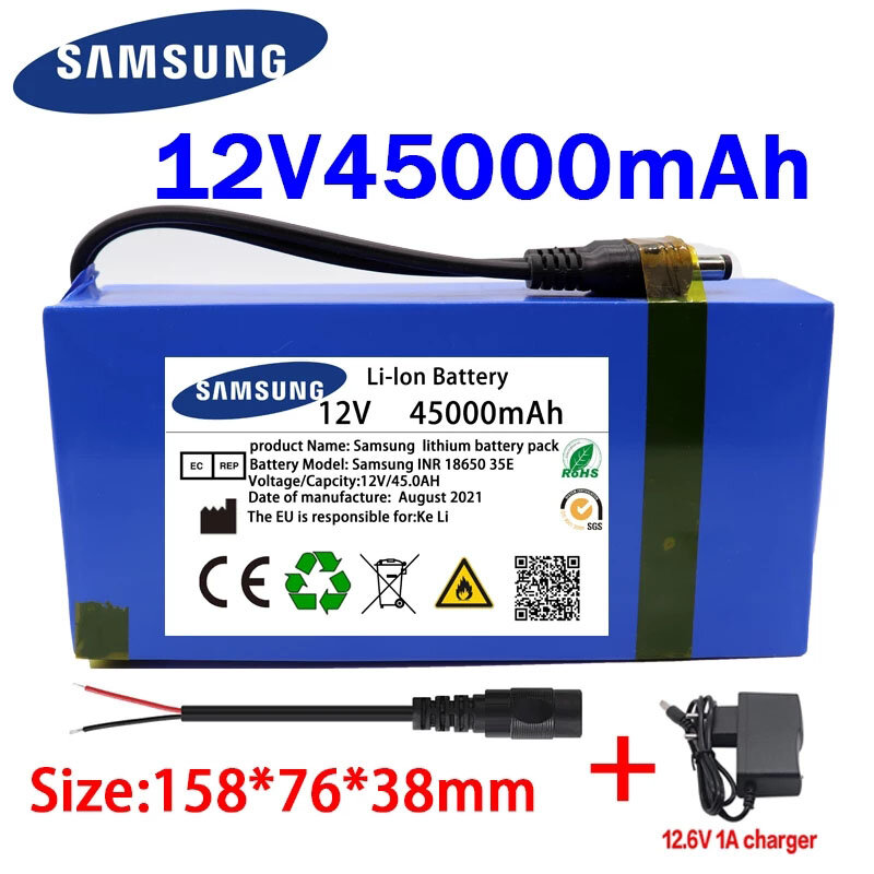 100% nuovo pacco batteria portatile 12V 45000mAh agli ioni di litio DC 12.6V 45Ah batteria con spina EU 12.6V 1A caricabatterie cavo testa Bus