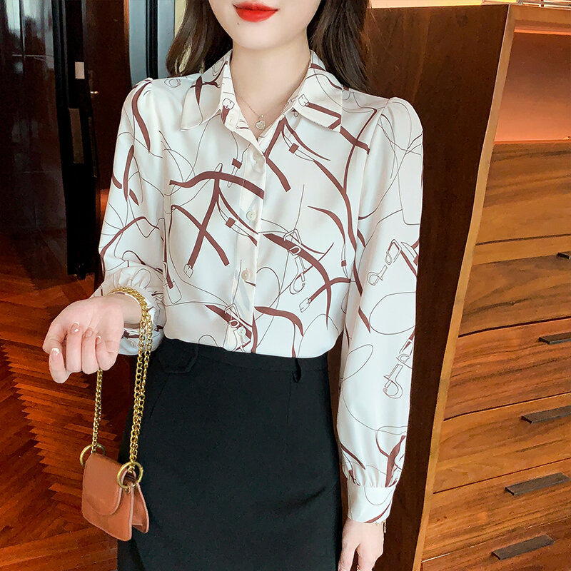 Женская винтажная рубашка с длинным рукавом-фонариком, отложным воротником и принтом цепей