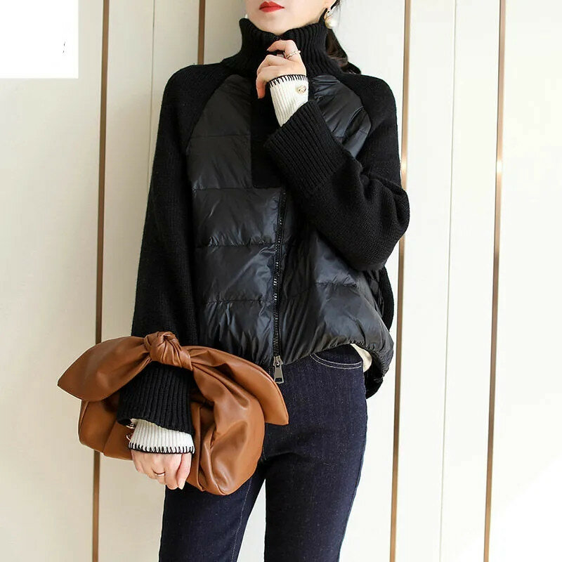 ฤดูใบไม้ร่วงฤดูหนาว2022ใหม่ MODE Korea Patchwork เสื้อคอเต่าสั้นลงฝ้ายแจ็คเก็ตผู้หญิง Manteau Femme