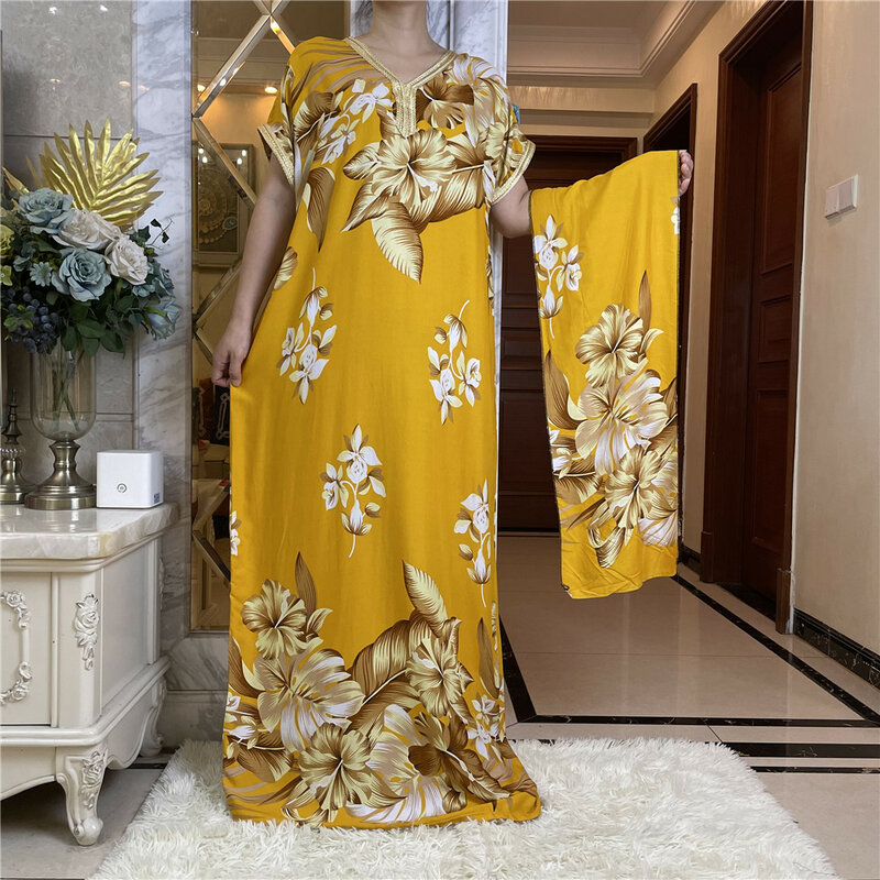 Новая африканская абайя одежда для женщин с цветочным принтом Дашики Повседневный халат с коротким рукавом с шарфом на голову длинное платье YY20