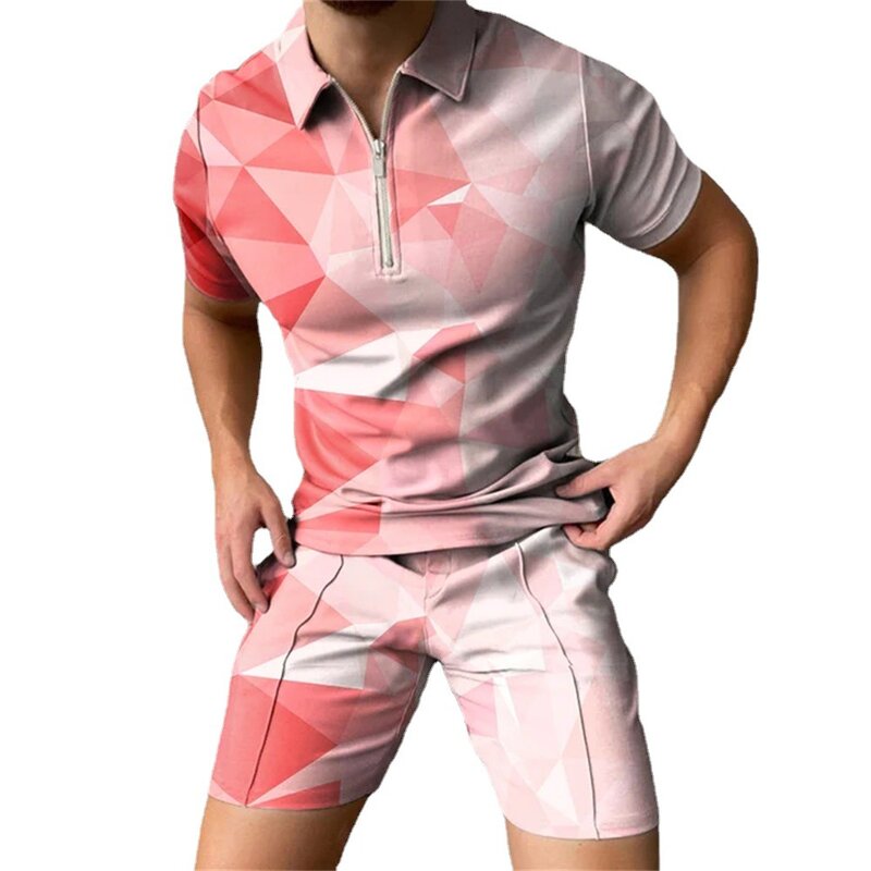 Męskie Polo garnitur moda zestawy dla mężczyzn męskie 3D drukuj lato V-neck Zipper koszulka POLO z krótkim rękawem koszula + spodenki dwa kawałki mężczyźni garnitur Casual