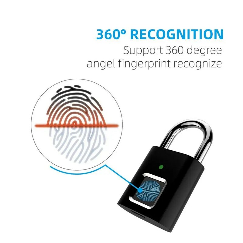 Fingerprint Padlock Biometric Metal Keyless Thumbprint Lock USB Rechargeable For Luggage Bookcase Suitcase Backpack Bike